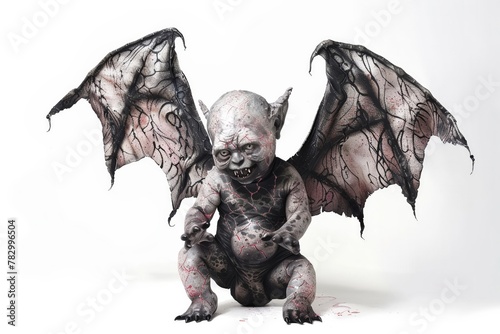 A reptilian vampire baby with a pair of wings, depicted in mixed media acrylic against a white background, blending horror with an unexpected cuteness, 