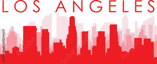 Red panoramic city skyline poster with reddish misty transparent background buildings of LOS ANGELES, UNITED STATES
