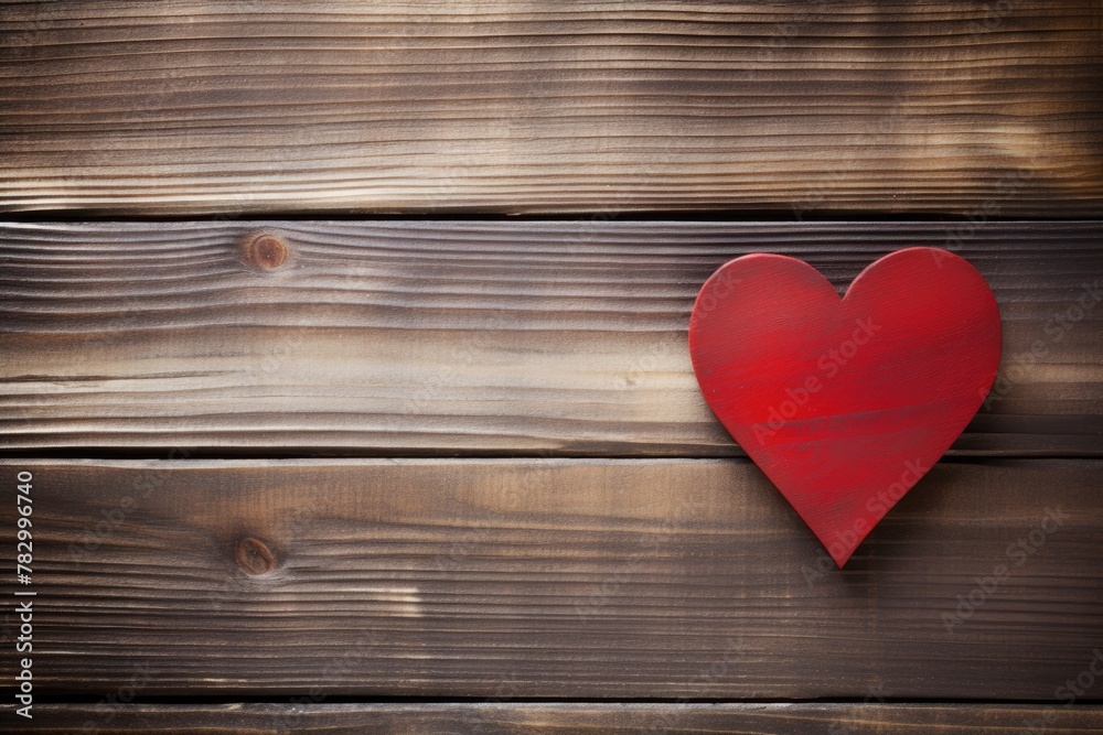 A romantic rustic wooden background featuring a single red heart, symbolizing love and simplicity. A romantic rustic wooden background featuring a single red heart, symbolizing love and simplicity.