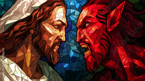 Colorful stained glass illustration of Jesus Christ  vs Satan lucifer the devil