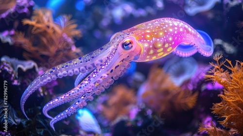 Transparent Squids Elegance. Elusive Bigfin Reef Squid Hovers in the Shadows  Its Iridescent Body Glimmering.