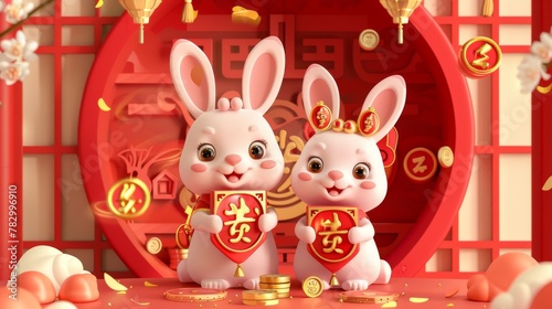A 3D illustrated poster depicting rabbits holding red envelopes and coins in drawer boxes. A doufang shape window in the back displays money. Text: Jade rabbits welcome spring. Fortune. 2023. photo