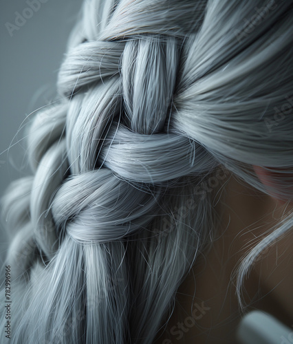 Closeup silver grey wig hair swatch dutch braid french plait smoky icy blonde toner color dye tone samples chart beauty hairdresser salon stylist weave braided hairstyle texture campaign backdrop photo