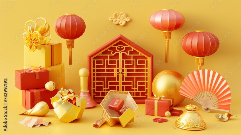 This is a 3D set of CNY decoration elements isolated on a yellow background. The set includes gold ingots, red envelopes, paper fans, hexagonal boxes, traditional wooden doors, and gift boxes.