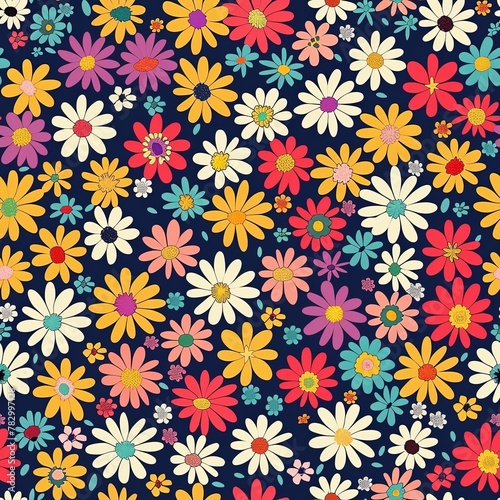 a seamless pattern of colorful daisies on a dark blue background