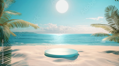 Empty round podium or stage on a sandy beach with tropical scenery for product presentation. Copy space for product presentation. Generative AI