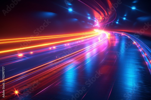 Neon colors and light trails give an impression of high-speed movement on a futuristic highway winding through darkness