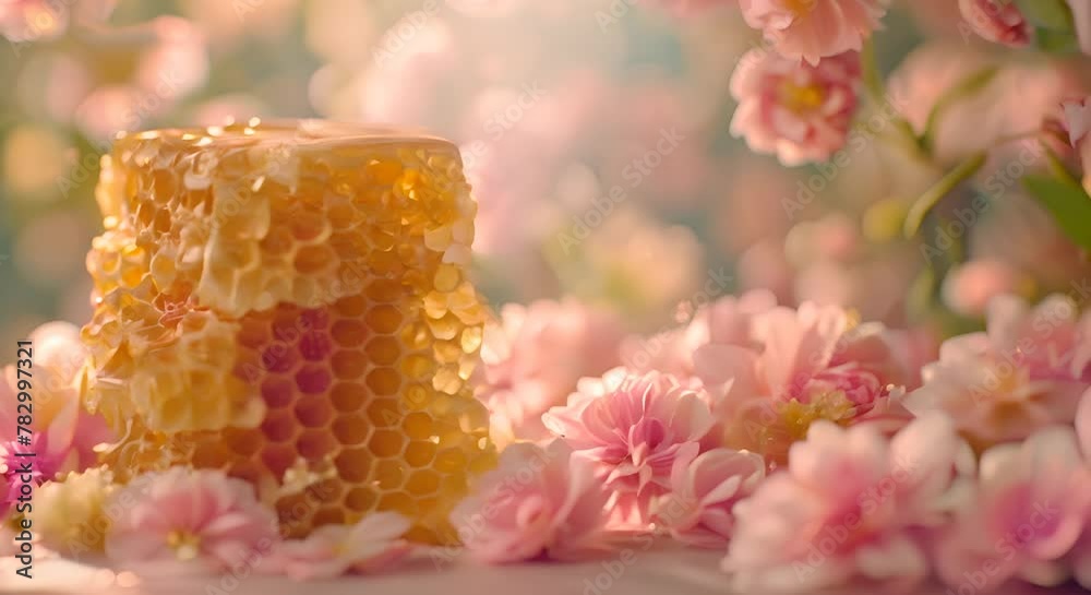 Raw honeycomb dripping, close-up on a soft-focus floral backdrop, Raw honeycomb dripping, close-up on a soft-focus floral backdrop,