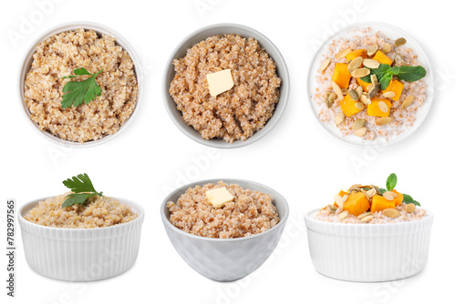 Set of tasty wheat porridge with different ingredients in bowls isolated on white, top and side views