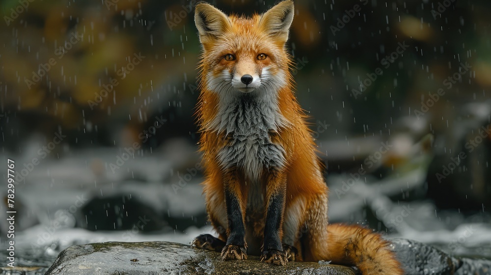 Fototapeta premium Fox Perched Upon Ancient Stone Ruins, Silent Guardian of Forgotten Realms.