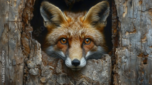 Fox Peering Out from Behind Tree Trunk  Ears Perked and Nose Twitching with Interest