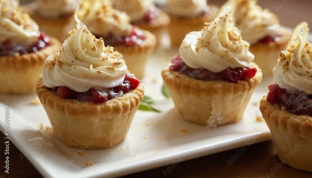 Elegant cream tartlets topped with cherries and a sprinkle of gold dust, neatly arranged on a white plate for a sophisticated dessert option.