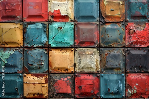 Aged tiles showcasing a history of colorful paint layers, each telling a story of time and change photo