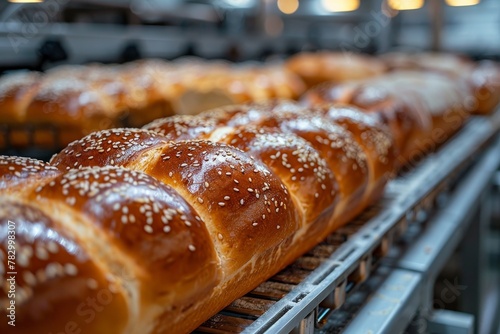 Close-up view of freshly baked sesame seed-topped bread, conveying the warmth and comfort of the bakery