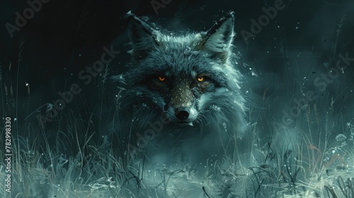 Ghostly Fox Emerging from Veil of Fog  Eerie Glow Illuminating Mysterious Presence.