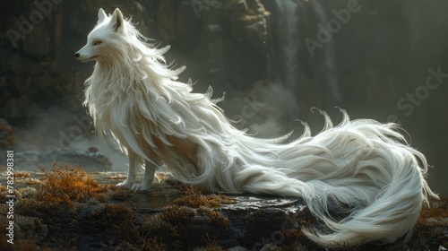Nine-tailed white fox, showcasing its majestic presence and mythical aura. © pengedarseni