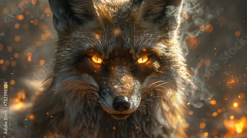 Mythical Fox Bathed in Ethereal Light, Eyes Glowing with Ancient Wisdom and Authority.