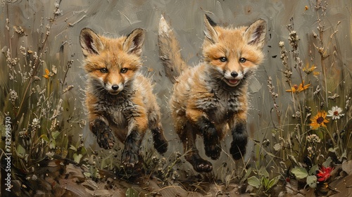 Young Fox Cubs Frolicking in Meadow, Tumbling and Chasing Each Other with Joyful Abandon. © pengedarseni