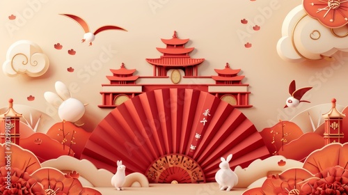 The CNY poster is an illustration of a paper fan with rabbits on both sides and a bird on top. The back of the poster portrays Chinese traditional architecture. The text says  Welcome spring.