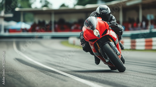 A man is riding a red motorcycle on a track. The motorcycle is turning and the rider is leaning into the turn. Concept of speed and excitement, as the rider skillfully navigates the track photo