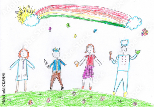 Child drawing of a People Group Different Occupation Profession. Pencil art in childish style