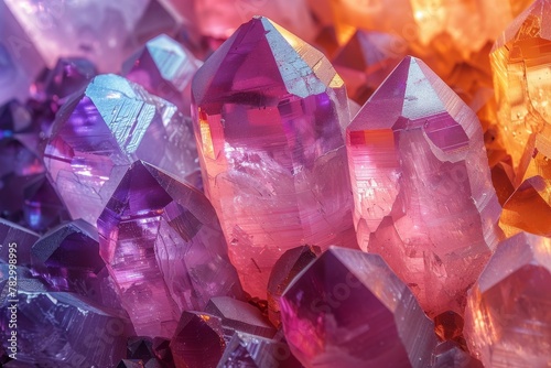 A close-up view of a cluster of pink and blue illuminated crystals, highlighting their geometric beauty