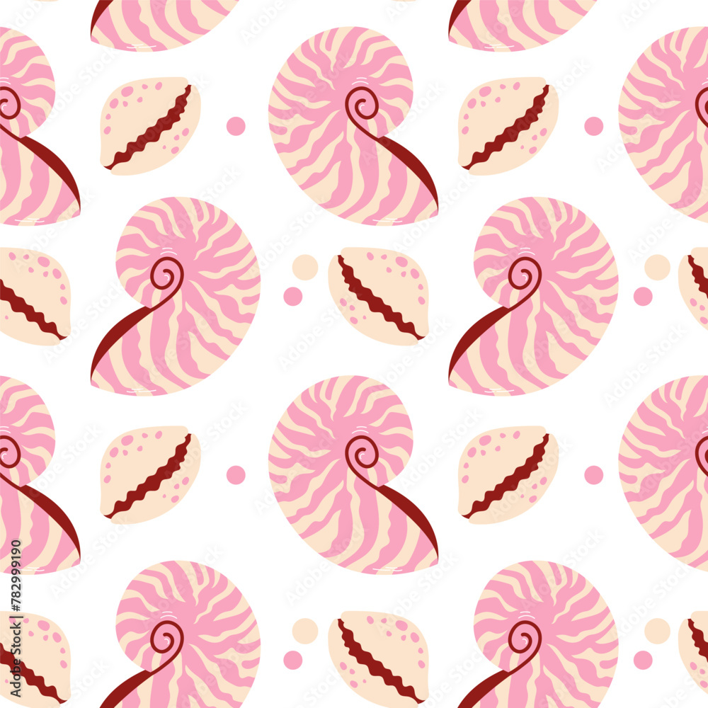 Seamless pattern with pink sea shells. Pink sea shells seamless pattern. Trendy pattern of seashells for wrapping paper, wallpaper, stickers, notebook cover. Seamless pattern with pink sea shells. Pink sea shells seamless pattern. Trendy pattern of seashells for wrapping paper, wallpaper, stickers, notebook cover.