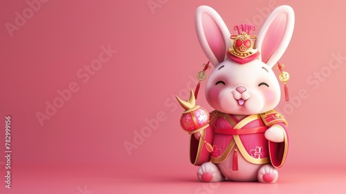 A cute bunny wearing Chinese traditional clothing and holding a doufang is isolated on a pastel pink gradient background. photo