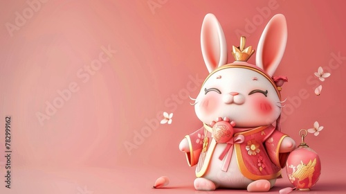 A cute bunny holding a doufang on a pastel pink gradient background. photo