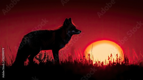 Fox Silhouetted Against Sunset Sky  Gracefully Moving across Horizon.