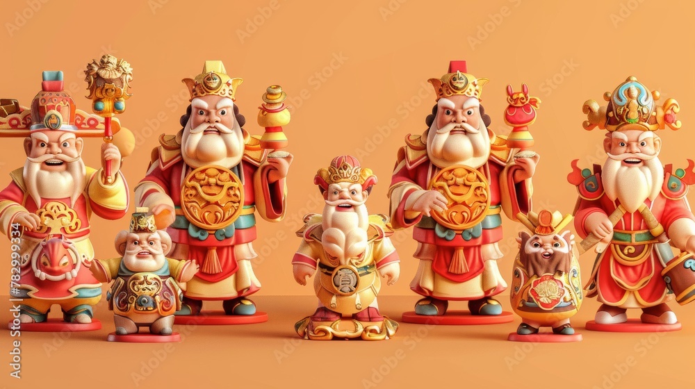 Caishen in various poses holding different objects in a 3D Chinese new year set isolated on a light orange background. Caishen in various poses holding different objects in a 3D Chinese new year set isolated on a light orange background.