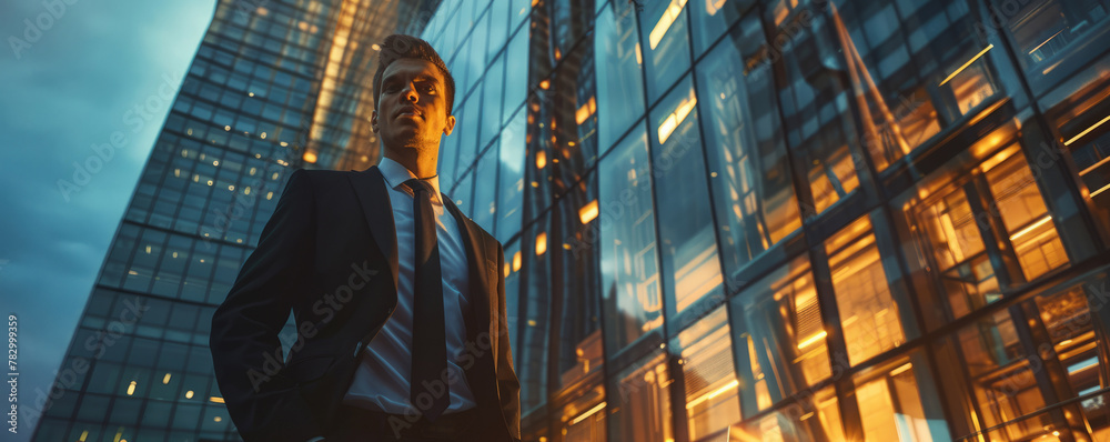 Fototapeta premium Confident young businessman in suit standing outside modern building at dusk