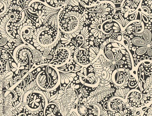 A hand-drawn floral pattern in gray tones.Seamless pattern.