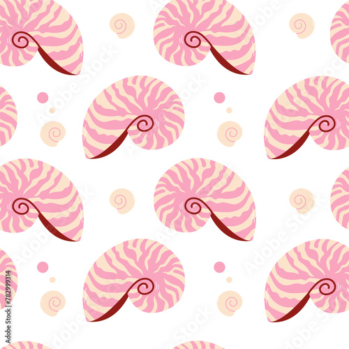 Seamless pattern with pink sea shells. Pink sea shells seamless pattern. Trendy pattern of seashells for wrapping paper, wallpaper, stickers, notebook cover.