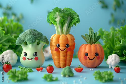 3d vegetable character, on a blue background, illustration