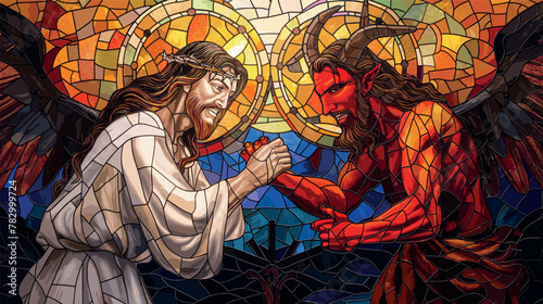 Colorful stained glass illustration of Jesus Christ  vs Satan lucifer the devil