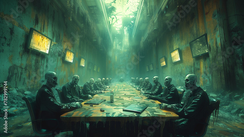 Zombies are in a meeting room, work hard until death concept