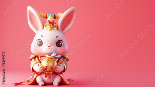 The image features an adorable bunny with a traditional Chinese outfit holding a doufang isolated against a pastel pink gradient background.