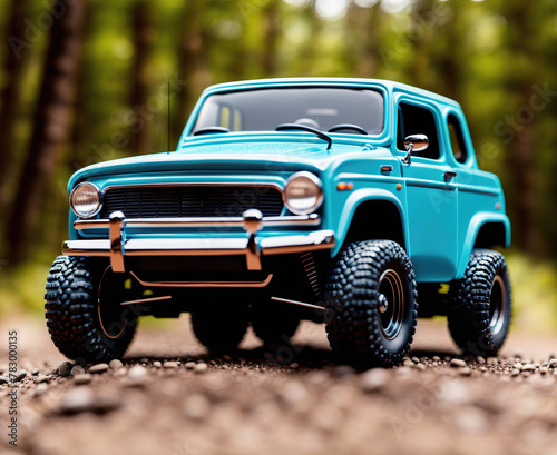 A vintage off-road vehicle driving on a dirt road in the woods. photo