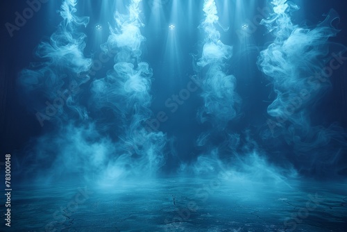Elegant patterns of smoke dance under the blue lights, giving the image a cool, tranquil, and abstract effect