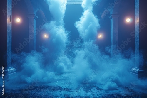 A dense cloud of smoke engulfs an imposing corridor lit by intermittent lights, suggesting an air of suspense and intrigue