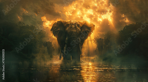 Elephant Emerging from Dense Fog in a Mystic Forest, Illuminated by Mysterious Light Rays. photo