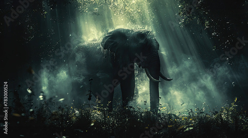 Elephant Emerging from Dense Fog in a Mystic Forest, Illuminated by Mysterious Light Rays.