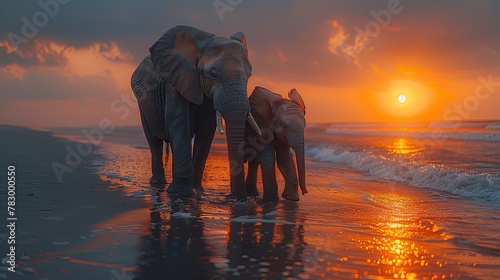 Elephant Family Strolling Along a Sandy Beach at Sunrise, Waves Crashing in the Background.