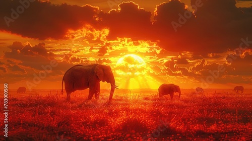 Desert-adapted Elephant Silhouetted Against a Fiery Sunset in the Arid Landscape. © pengedarseni
