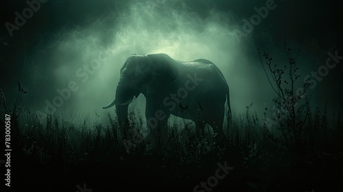 Elephant Emerging from Dense Fog in a Mystic Forest, Illuminated by Mysterious Light Rays.