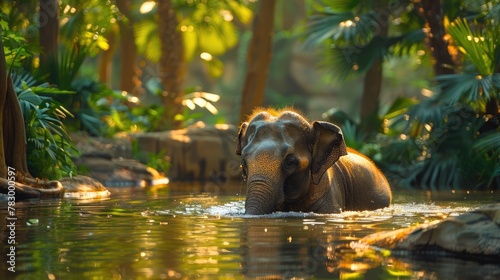 Asian Elephant Bathing Playfully in a Sunlit Waterhole Amidst Lush Greenery. © pengedarseni