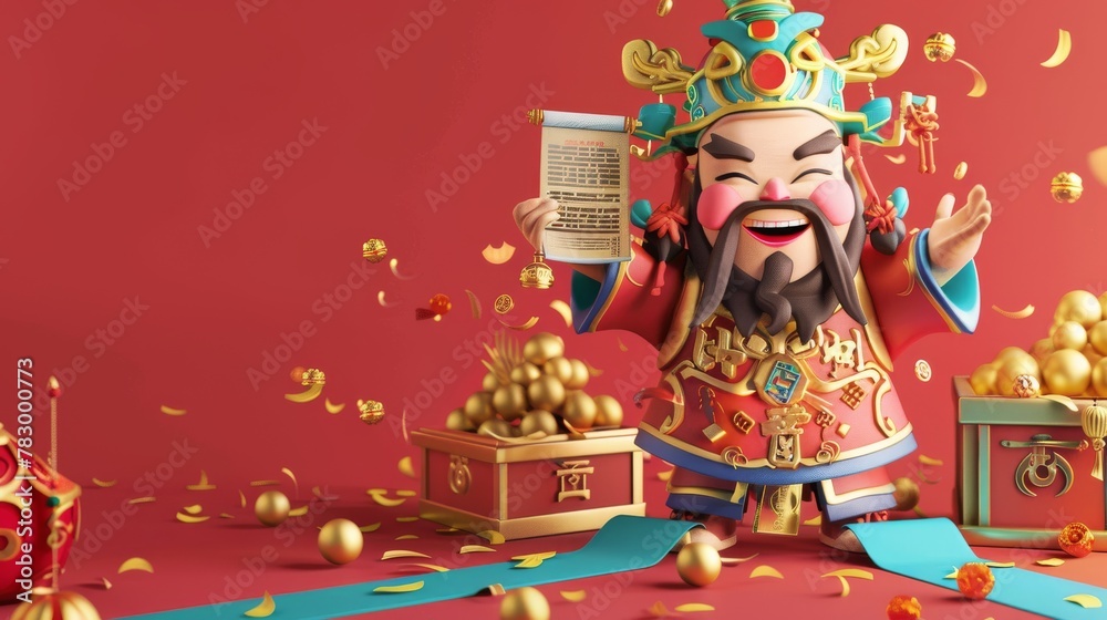A 3D banner for Chinese New Year showing a god of wealth standing on a blue ribbon path. Backside of the banner shows a treasure box full of gold. Text:Wishing wealth comes to you. Welcome Caishen.