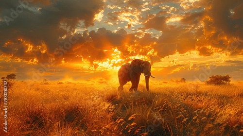 African Elephant Grazing Peacefully in the Golden Light of Sunset. © pengedarseni