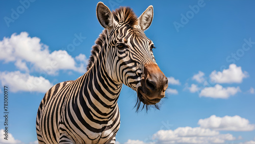 Low angle view of zebra looking at camara against blue sky  photo